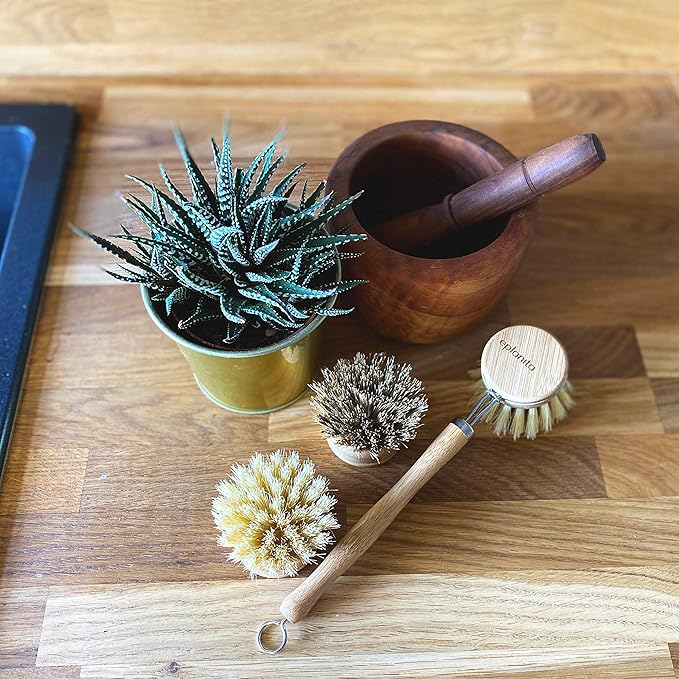 eplanita Natural Dish Brush, 3 Replacement Heads, Kitchen Eco Bamboo Scrubber Brushes, Extra Plant Sponge, Plastic Free Washing Up, Zero Waste Cleaning