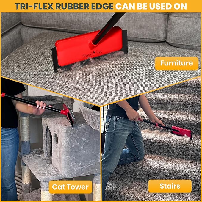 Dog Hair Carpet Rake – Cat and Dog Carpet Hair Removal Tool with Flex and Grab Bristles and Tri-Flex Rubber Edge – Adjustable Handle for Easy Fur Removal on Stairs Furniture Pet Beds Cat Towers