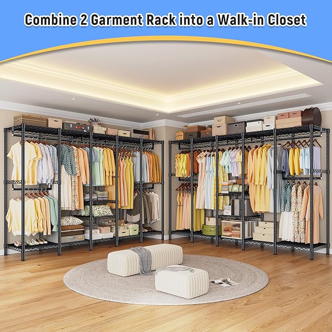 Raybee 88.2" W Clothes Rack Heavy Duty Clothing Racks for Hanging Clothes Extra Wide Portable Closet Loads 1200LBS Freestanding Garment Rack for Bedroom 88.2" W x 75.6" H x 15.7" D, Black