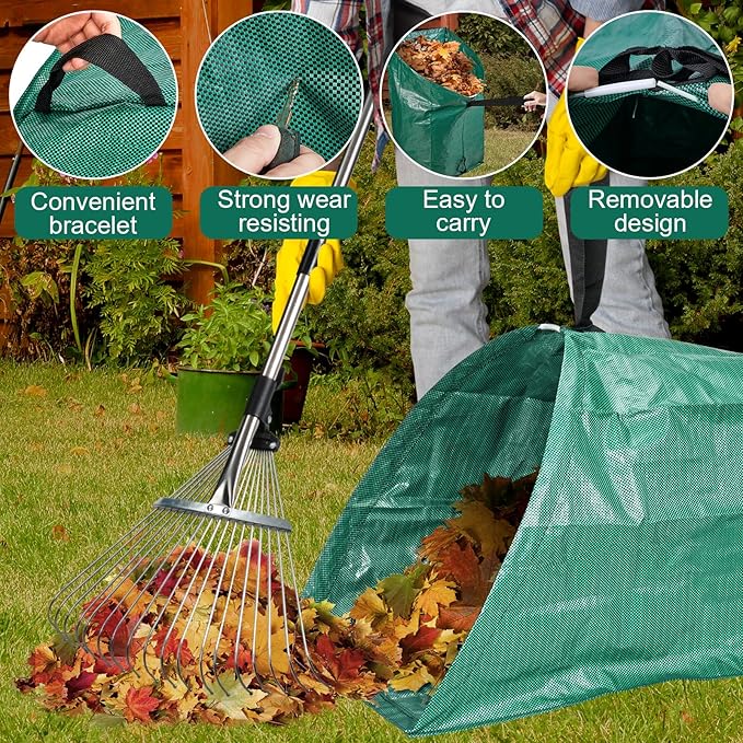 60Gallon Leaf Collector and Adjustable Metal Rake Set,Detachable 18 Tines Leaf Rake with Dustpan-Type Leaf Bag,Leaves Pick up Tool Set,Lawn and Leaf Collector Tool Kit for Lawn Yard Leaves,Shrub,Grass