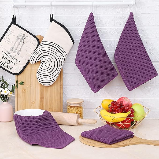 Homaxy 100% Cotton Waffle Weave Kitchen Dish Cloths, Ultra Soft Absorbent Quick Drying Dish Towels, 12 x 12 Inches, 6-Pack, Purple