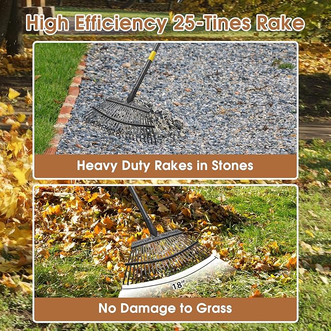 Leaf Rake 18” Wide Heavy Duty Metal 25 Tines Garden Rake Set with 30-75” Adjustable Long Handle for Yard Grass Shrub Mulch Including 32Gallon Garden Bag Leaf Scoops