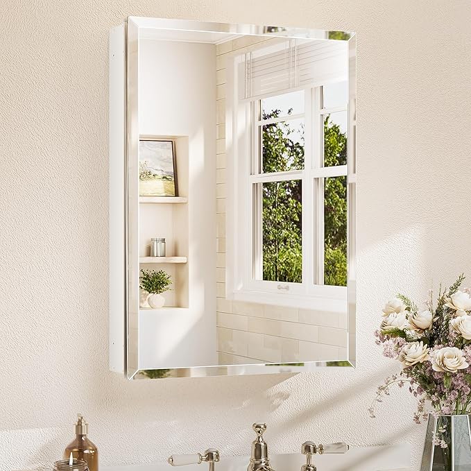 TETOTE 20 x 28 Bathroom Mirror Cabinet with Tempered Beveled Mirror White Medicine Cabinet Aluminum Cabinet DTC Hinges, Stepless Adjustable Shelves, Recessed/Surface-Mounted