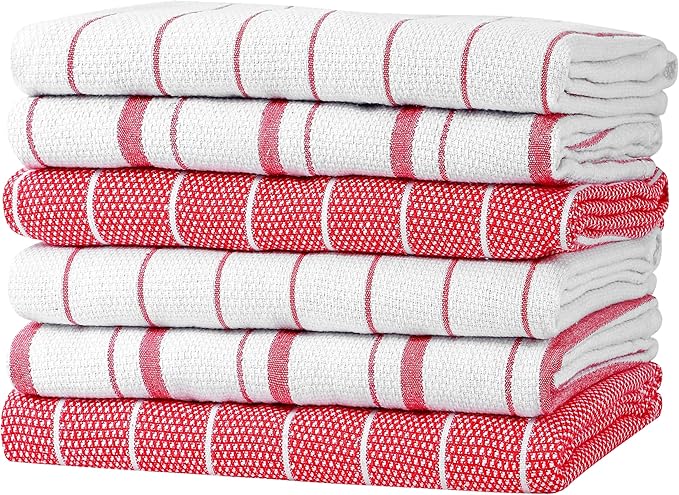 Zeppoli Classic Kitchen Towels - 6 Pack 100% Natural Cotton Towel Set, Reusable Wash Cloths, Absorbent Dish Towels, Machine Washable Hand Towels, Kitchen Essentials, 20� x 28� - Red VAR