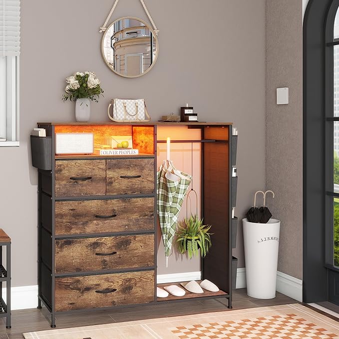 Dresser for Bedroom with Clothes Rack Side Pockets 5 Drawer Dresser with Charging Station LED Lights Black Storage Chest of Drawers for Hallway Closet Sturdy Steel Frame Wood Top (Brown)