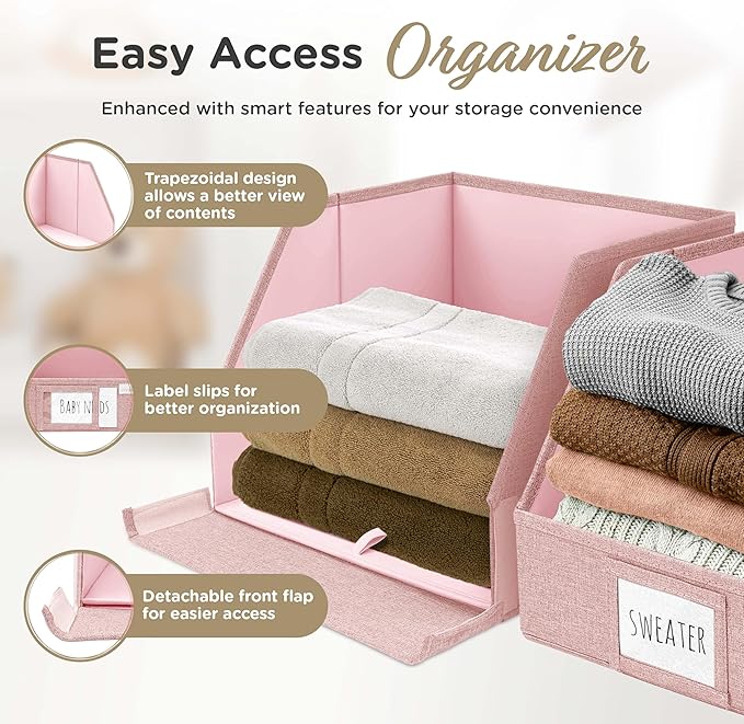 Closet Bins for Organization – 12x12x10 Foldable Boxes for Clothes, Fabric Trapezoid Storage Bins, Storage Baskets, Decorative Storage Baskets, Sweaters, Baby Clothes, Nursery– Pink, 3 Pack