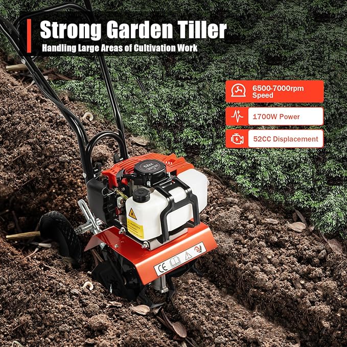 52cc 2 Stroke Gas Mini Tiller Cultivator, 1700W Garden Tiller with Widened Mud Flap and 4 Steel Tines, Gas Powered Garden Tiller Cultivator for Garden, Lawn, Soil Cultivation, 6500-7000RPM