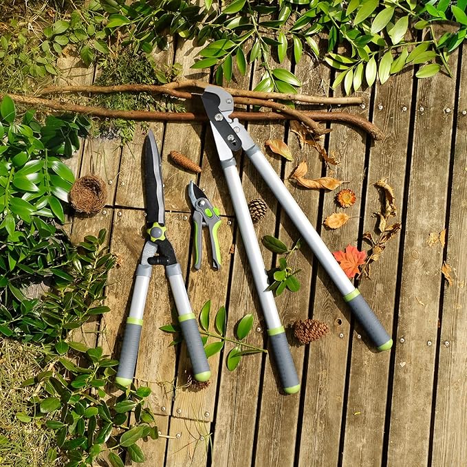 Garden Loppers Pruning Shears, Updated 3PCS Hedge Clippers Combo Set, Branch Cutter with Compound Action, Chops Thick High Branch Ease, Professional Tree Trimmer Set Heavy Duty