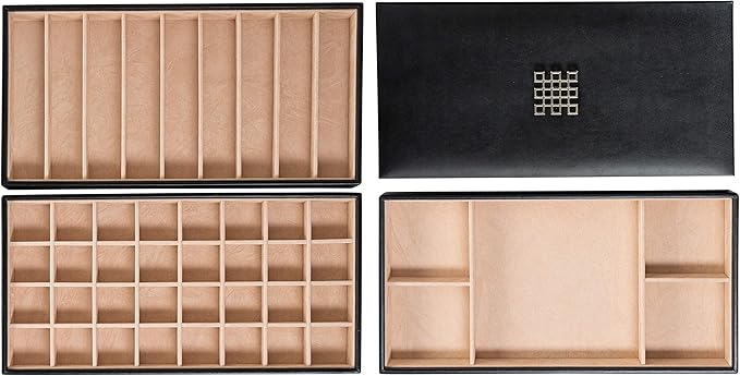 Jewelry Tray Organizer - 3 Large Stackable Trays & Lid - 46 Slot Storage for Drawer, Dresser - Black