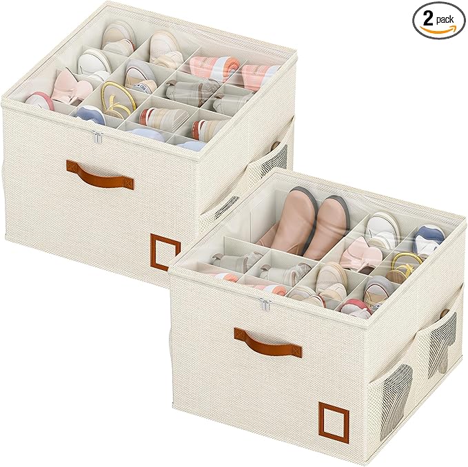 Shoe Organizer for Closet, 2 Pack Foldable Shoe Storage Organizer Box with Adjustable Dividers and Clear Cover, Space Saving Shoe Box with Reinforced Handles, Fits 16-32 Pairs, White