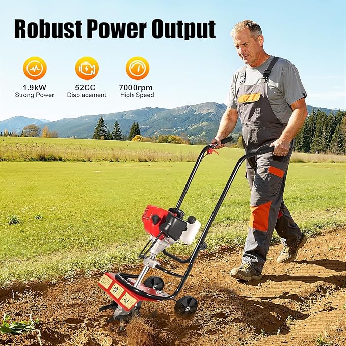 Gas Powered Tiller, 52Cc 2 Stroke Garden Yard Rototiller Tilling Cultivator Heavy Duty Gasoline Tiller with Adjustable Wheels & Long Handle for Plowing Turning Soil Ditching 1900W (52CC 2-Stroke)