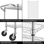 Finnhomy 3 Tier Heavy Duty Commercial Grade Utility Cart, Wire Rolling Cart with Handle Bar, Steel Service Cart with Wheels, Utility Shelf Plant Display Shelf Food Storage Trolley, NSF Listed