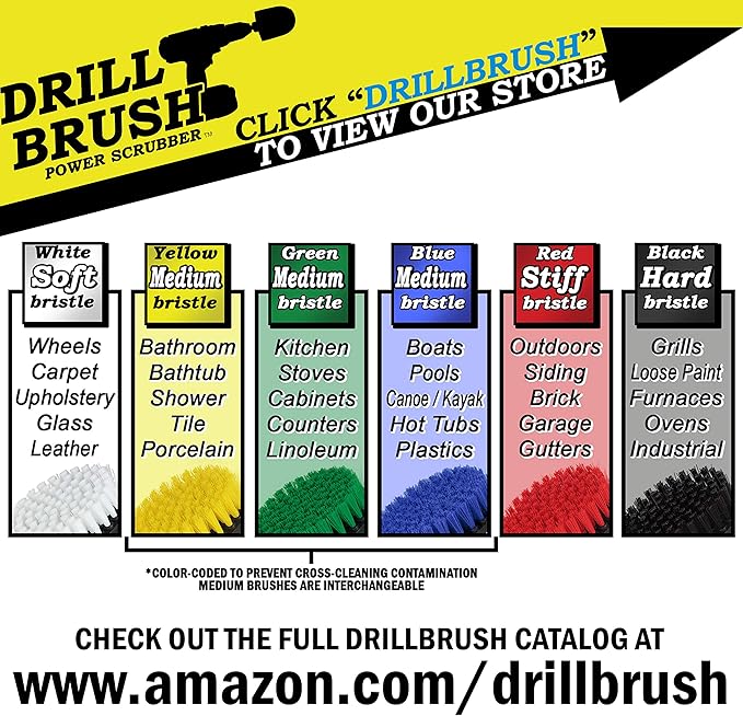Drillbrush Red Stiff Nylon Bristle Cleaning Brush Set - 5 Piece Drill Attachment Kit - Floor, Roof Cleaner - Household Tools