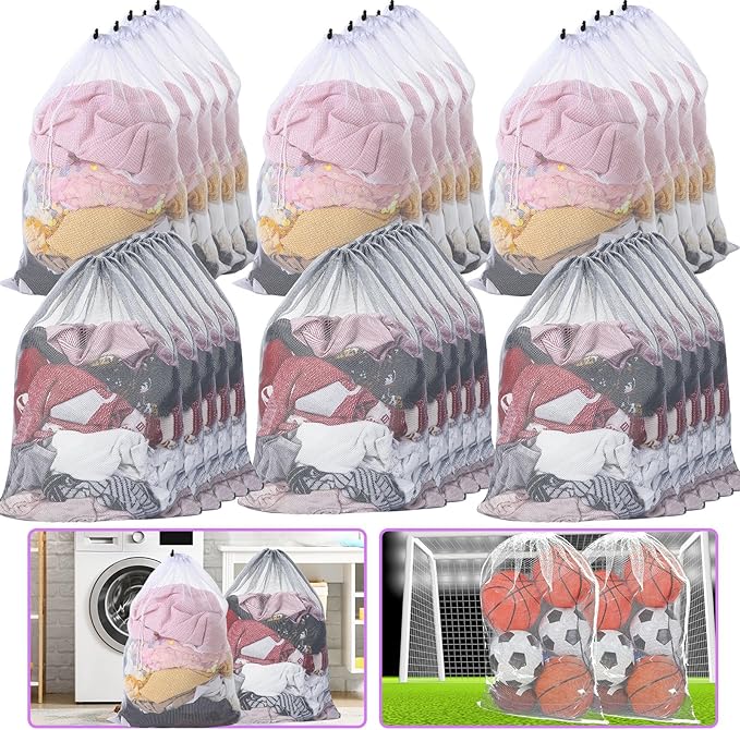 Berlune 30 Pack 24 x 36 Inches Large Mesh Bags for Laundry, Wash bags, Sturdy Mesh Material Closed with Drawstring, Factory, University, Dormitory, Travel and Apartment Dweller (White, Gray)