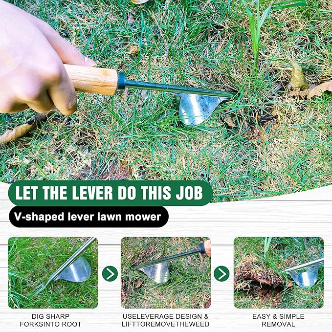 Weed Remover Tool 2-Piece with Wood Handle, Weeding Garden Tools for Gardening with Serrated Edge, Weed Puller for Removing Moss and Weeds, Weeding Tools for Dandelion
