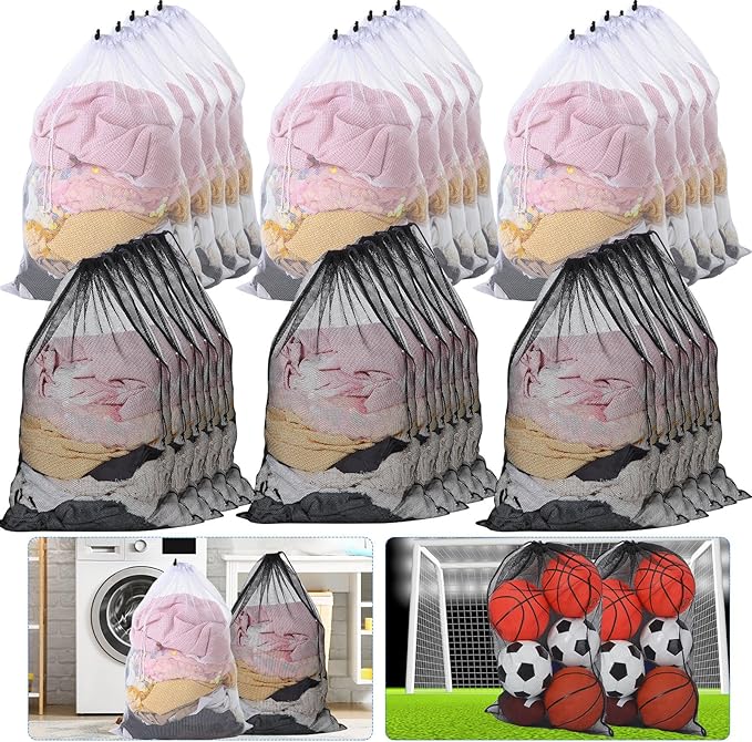 Berlune 30 Pack 24 x 36 Inches Large Mesh Bags for Laundry, Wash bags, Sturdy Mesh Material Closed with Drawstring, Factory, University, Dormitory, Travel and Apartment Dweller (Black, White)