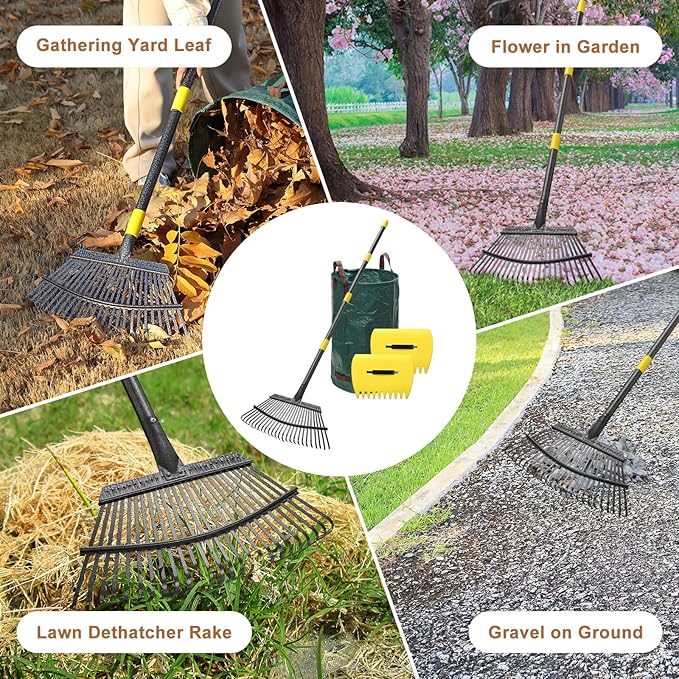 Leaf Rake 18” Wide Heavy Duty Metal 25 Tines Garden Rake Set with 30-75” Adjustable Long Handle for Yard Grass Shrub Mulch Including 32Gallon Garden Bag Leaf Scoops