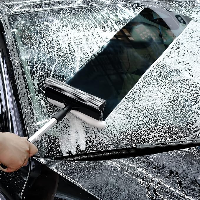 Polyte Window Squeegee for Car Windshields and Window Cleaning Tool, Extendable Aluminum Handle 14-20 in. (Black)