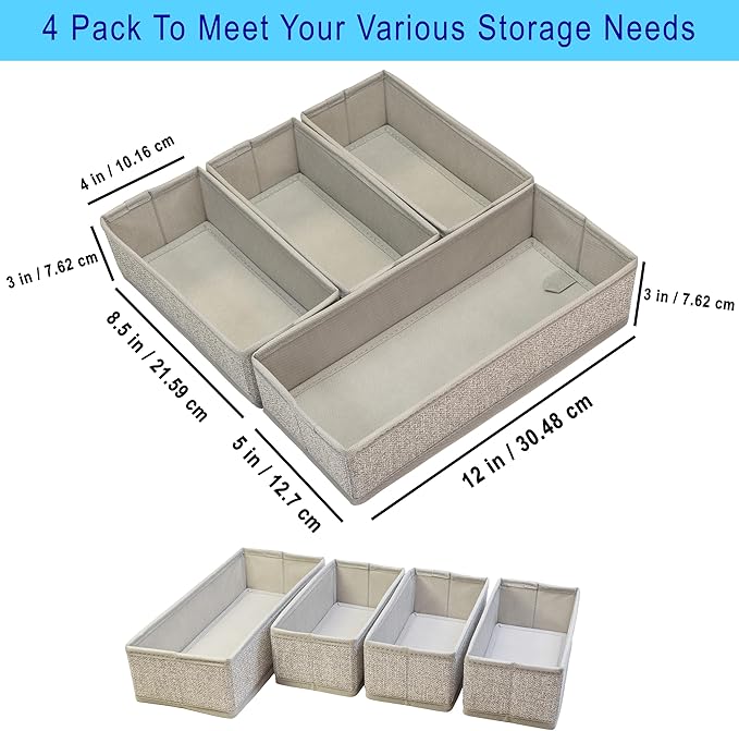 Kitchen Drawer Organizer – Set of 4 Rigid Fabric Bins – Fits Gallon, Quart, Sandwich & Snack Bags – Also Great for Utensils & Silverware
