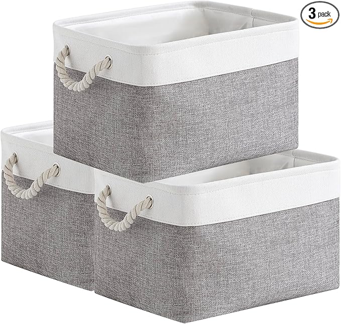 Storage Basket for Organizing - 15.7x11.8x8.2 inch Large 3 Pack Collapsible Storage Bins for Shelves, Fabric Storage Cubes for Gift Closet Linen Organization (White & Grey)