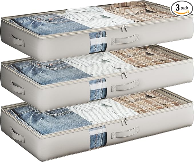 Under Bed Storage Containers with Window, Closet Organizers and Storage Bags, Foldable Underbed Storage Bags for Blankets, Clothing, Comforter, Linen Sheets, Wrapping Paper, 3 Pack, Grey