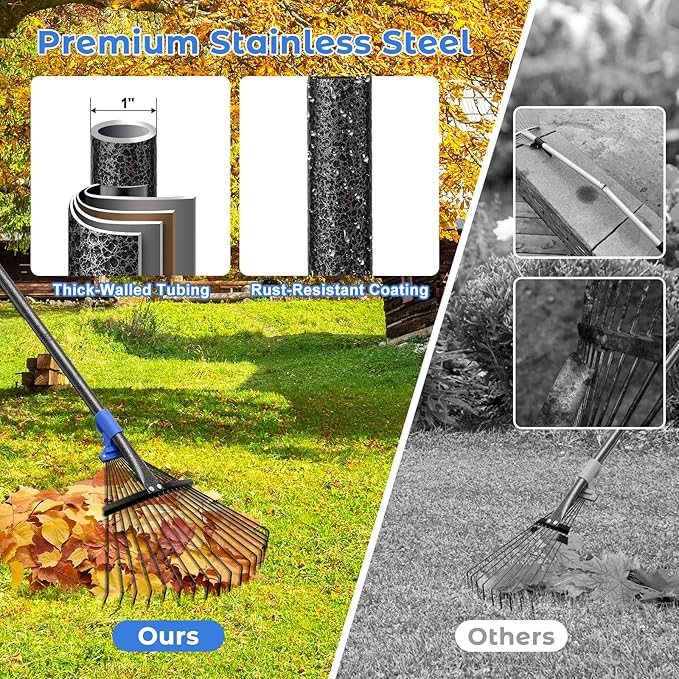 Adjustable Garden Rake for Leaves-Heavy Duty Metal Rake with 8-17" Expandable Head,Long Handle Lawn & Yard for Grass, Shrubs,Flower Beds,Camping,Outdoor Cleaning, Women & Kids