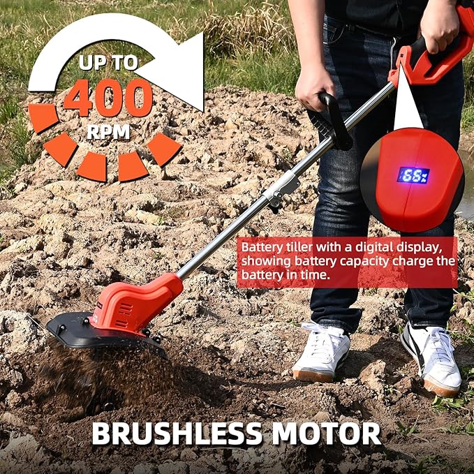 Brushless Cordless Tiller for Gardening,400 RPM Cultivators for Gardening Has Battery Capacity Display with 4.0 Ah Battery, Rototiller 11 in Tilling Width, 6 in Depth by SHINTYOOL