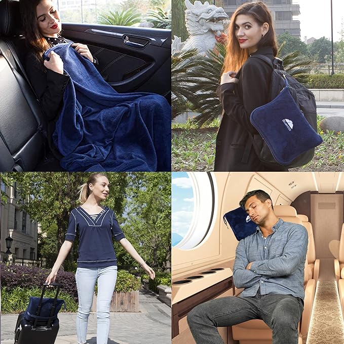 BlueHills Premium Soft 2-Pack Travel Blanket Pillows Airplane Large Plane Flight Throw Blankets for Two in Bag Compact Traveling Essentials Set Packable Warm Gifts Navy Blue T011