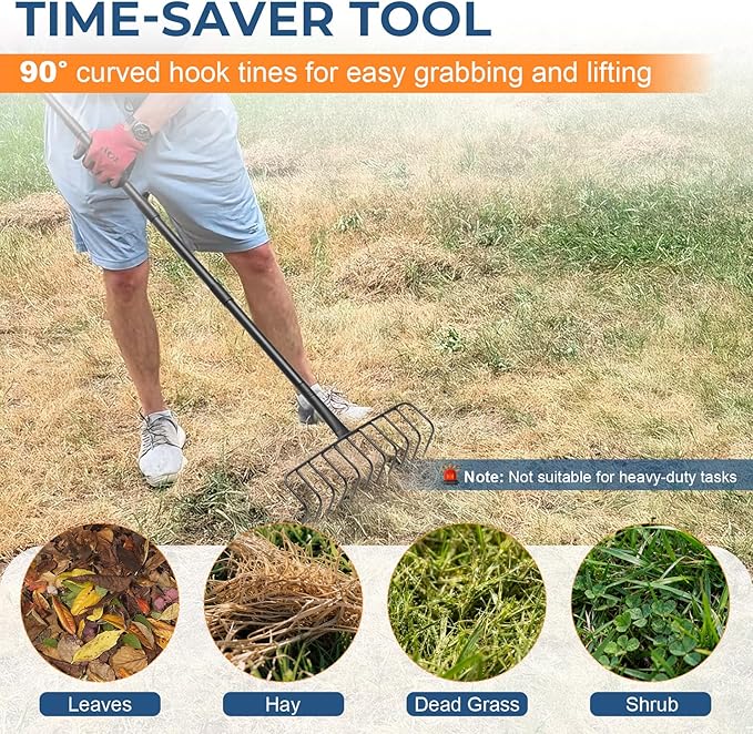56" Rake with Oversize L-Head - Lightweight Tool for Effortless Collecting Cleaning - Sturdy Design for Dethatching, Landscaping, Lawn, Yard, Bushes, Pine Needles, Hay, Leaves, Mulch, Grass