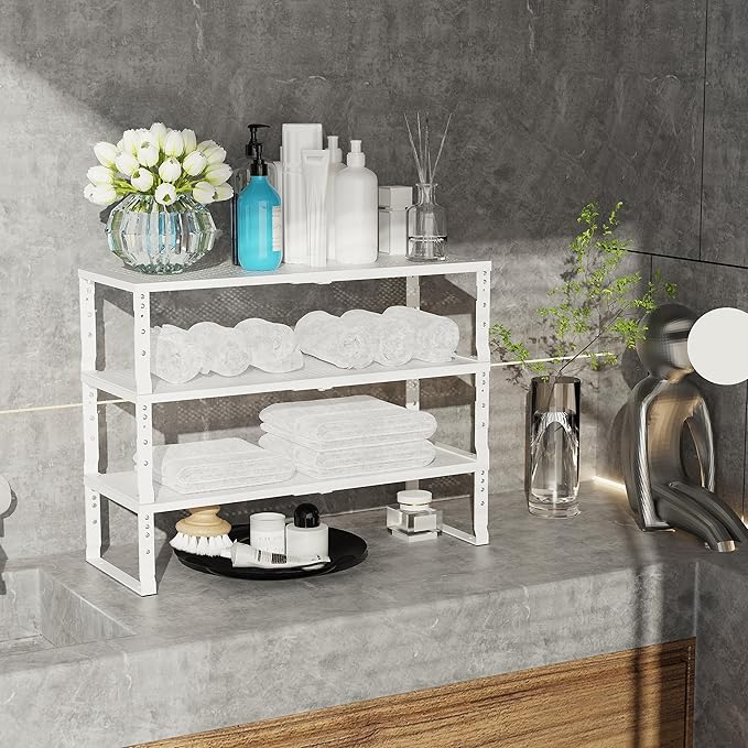 Expandable Adjustable Stackable Kitchen Organizer, Spice Rack,Metal Pantry Storage Shelves Racks,Counter Shelf for Cabinets, Countertop, Cupboard(3 Packs/Large/White)