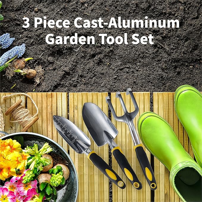 ⭐️ Gardenera 3PC Garden Tool Set with Soft Rubberized Non-Slip Handles - Hand Trowel, Transplant Trowel, Hand Rake in Polished Aluminum - Ideal for All Gardening Needs and The for Gardeners 🎁