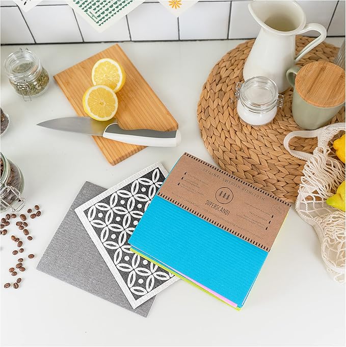 SUPERSCANDI 6 Pack Swedish Dishcloths for Kitchen - 100% Biodegradable & Compostable Reusable Paper Towels Washable, Food-Safe & Without Plastic - Dish Rags for Any Surface, Pink, Yellow, White