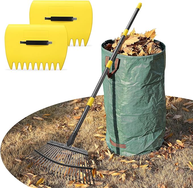Leaf Rake 18” Wide Heavy Duty Metal 25 Tines Garden Rake Set with 30-75” Adjustable Long Handle for Yard Grass Shrub Mulch Including 32Gallon Garden Bag Leaf Scoops
