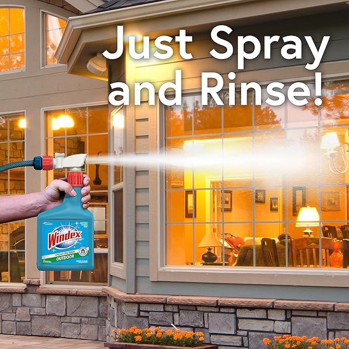 Windex Outdoor Window and Glass Cleaner for Hose Ammonia Free, Concentrated Formula for Deep Outdoor Clean, Patio Cleaner, Compatible With All Hoses, 32 Fl Oz (Pack of 2)
