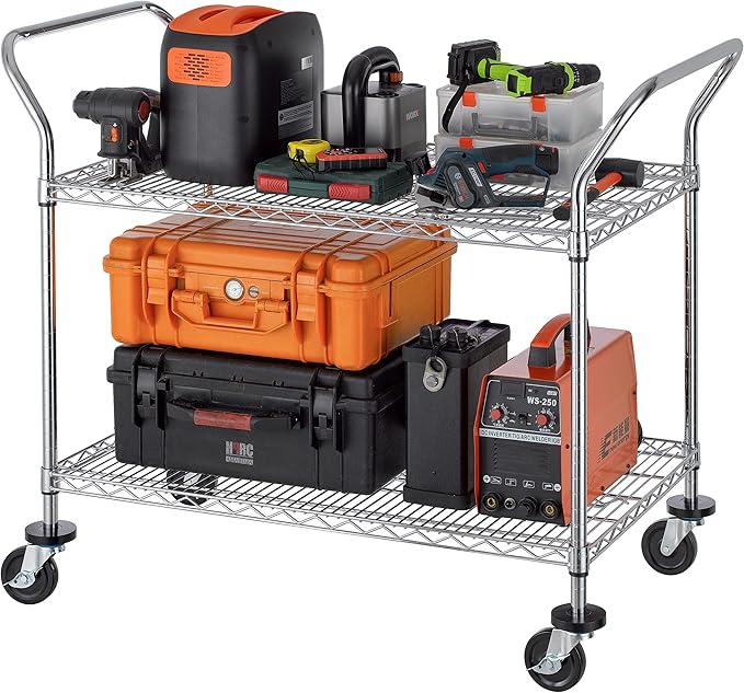 Finnhomy 2-Tier Commercial Grade Rolling Cart, Heavy Duty Utility Cart, Carts with Wheels and Handles, Kitchen Carts on Wheels, Metal Cart with 600 lbs Capacity, Shelf Size 24" D x 40" W, NSF