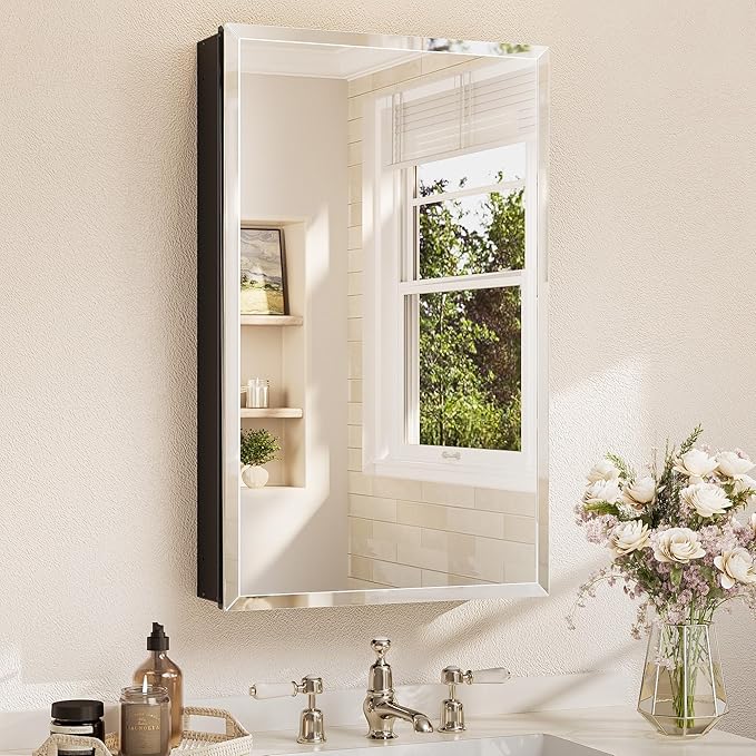 TETOTE 20 x 32 Mirrored Medicine Cabinets for Bathroom with Tempered Beveled Mirror Black Medicine Cabinet Aluminum Cabinet DTC Hinges, Stepless Adjustable Shelves, Recessed/Surface-Mounted