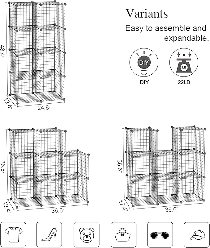 C&AHOME Wire Cube Storage, 8-Cube Organizer Metal C Grids Storage, Storage Bins Shelving, Modular Book Shelf, DIY Closet Cabinet Ideal for Living Room, Home, Office 24.8" L x 12.4" W x 48.4" H Black