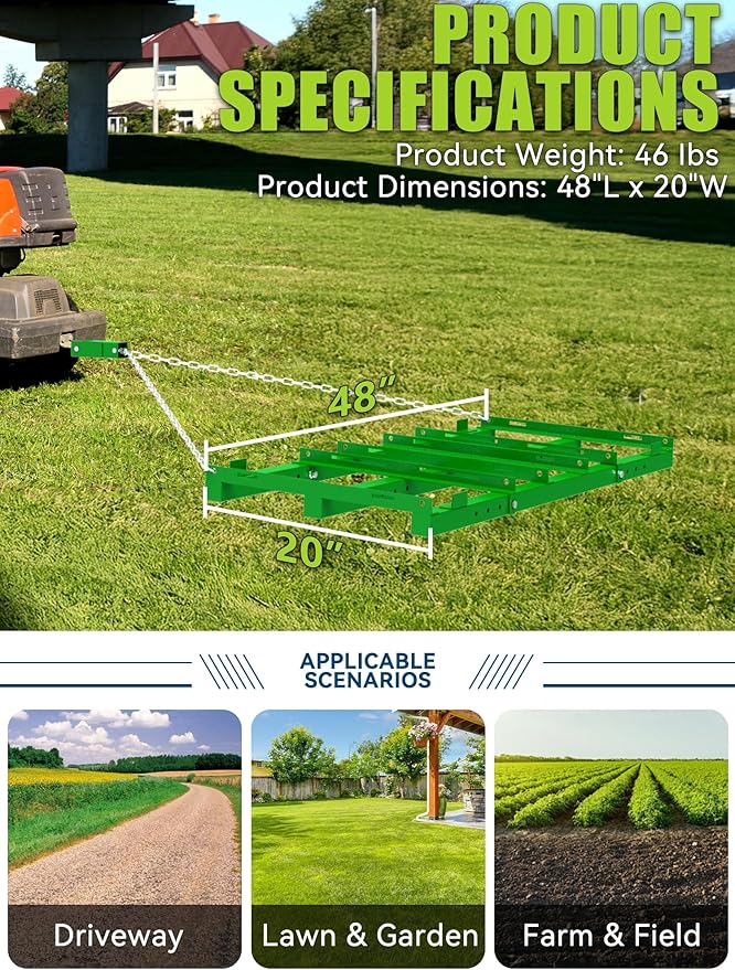 4ft Heavy Duty Drag Harrow for ATV, UTV, Tractor - Adjustable Tow Behind Leveling Rake with Weight Tray for Driveway Grader, Lawn, Field, Pasture, Food Plot Maintenance, Green(48 inch)