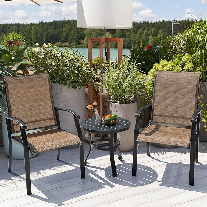 NUU GARDEN 3 Piece Outdoor Bistro Set, 2 Patio Chairs and 20" Round Bistro Table, Textilene Fabric, Powder-Coated Iron Frame, for Patio, Deck, Garden, Backyard, Black and Brown