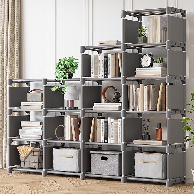 REIBII Bookshelf, DIY Tall Bookcase, 15 Grey Cube Storage Organizers for Bedroom Office Living Room Closet, 11.8" D x 47.2" W x 59" H