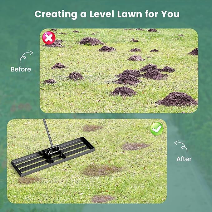 Goplus Lawn Leveling Rake, 36" x 10" Heavy Duty Level Lawn Tool w/ Ergonomic Handle for Soil, Effort-Saving Landscape Rake for Garden, Backyard, Golf Course, Farm, Pasture, Black