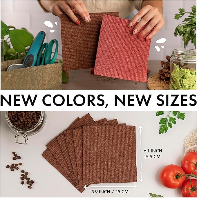 SUPERSCANDI 6 Pack Swedish Dishcloths for Kitchen - 100% Biodegradable & Compostable Reusable Paper Towels Washable, Food-Safe & Without Plastic - Dish Rags Suitable for Any Surface, Brown