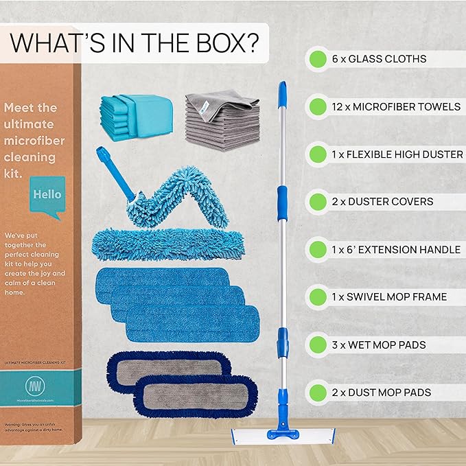 Ultimate Microfiber Cleaning Kit - Dry & Wet Mop for Hardwood, Tile, Vinyl Floors | 12Pack Microfiber Cloths | High Duster | Glass Cleaning Cloths | Reusable Mop Pads | Long Telescopic Handle