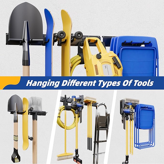 Garage Tool Organizer Wall Mount, 48" Garage Wall Organizer, Heavy Duty Garden Tool Organizers with Adjustable Hooks, 400 lbs Garages Organization, Anti-Rust Garden Tool Storage Rack for Yard and Shed