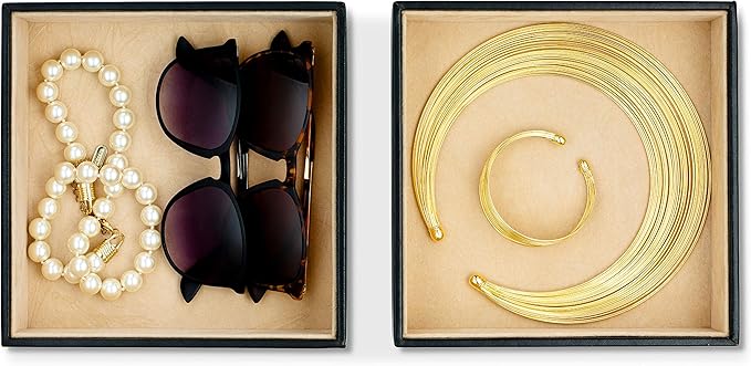 Jewelry Organizer Tray - Set of 2 - Stackable Empty 2 Inch Deep Jewelry Storage Trays w/o dividers - Display on Dresser or Drawer - Compatible with Other Glenor Trays - Black