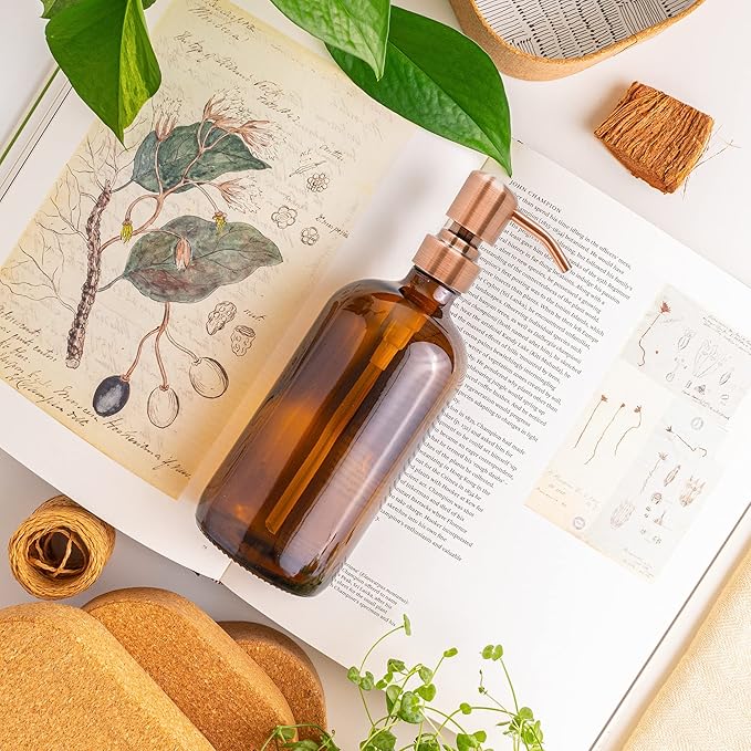 Vine Creations Amber Glass Soap Dispenser, 2 Pack Kitchen Soap Dispenser Set with Stainless Steel Pump, 16 oz Dish Soap and Hand Soap Dispensers for Bathroom with Waterproof Labels