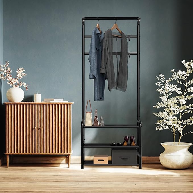 SIMPLE HOUSEWARE Coat Rack with Storage Shelf, Freestanding Hall Tree with Hooks for Entryway, Bedroom, Office, Black Metal Clothes Hanger Stand for Coats, Hats, Jackets, Bags - Black
