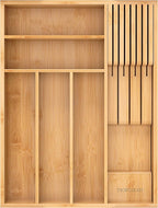 Small-Bamboo-Silverware-Drawer-Organizer, Expandable Utensil Kitchen Cutlery Tray Flatware Organization Adjustable Wood Tableware Dividers Storage (with Removable Knife Block)(Natural)