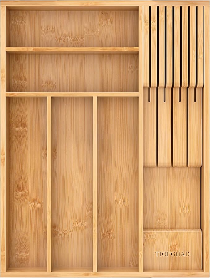 Small-Bamboo-Silverware-Drawer-Organizer, Expandable Utensil Kitchen Cutlery Tray Flatware Organization Adjustable Wood Tableware Dividers Storage (with Removable Knife Block)(Natural)