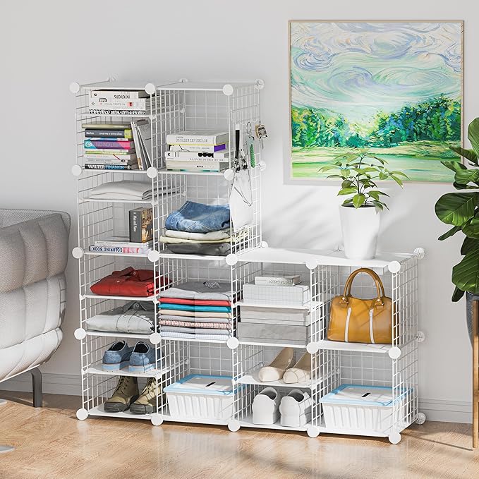 Wire Cube Storage Organizer, 12 Cubes Converted into 14 Cubes, Sturdy Metal Grids Storage Shelf Closet Shelving Units and Storage, Shelves for Bedroom LIvingroom Office